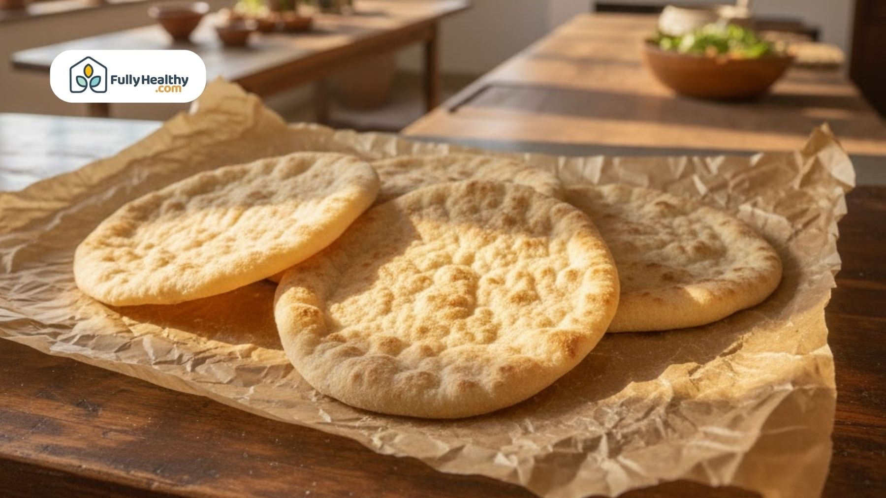 Freshly baked unleavened flat bread resting on parchment paper.