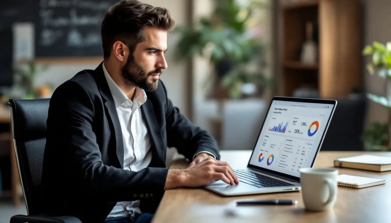 A business owner is focused on analyzing their Google Business Profile insights and performance metrics displayed on a laptop, aiming to optimize their business information and attract more customers through effective local search results. The screen shows various performance metrics and key information about customer engagement, helping the owner make informed decisions to rank higher in search results.
