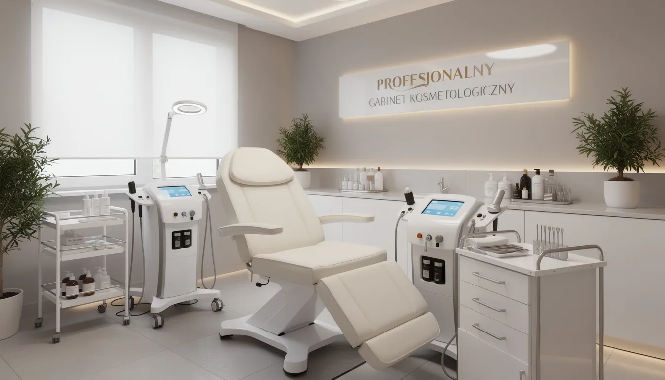 Na zdjęciu znajduje się profesjonalny gabinet kosmetologiczny, w którym widać wygodny fotel oraz nowoczesne wyposażenie, idealne do zabiegów takich jak usuwanie zmian skórnych. Przestrzeń jest estetycznie urządzona, co sprzyja relaksowi pacjentów podczas konsultacji dermatologicznych i zabiegów.