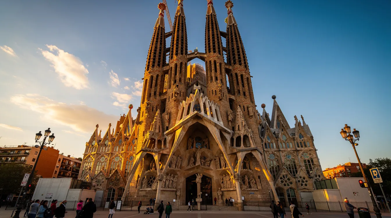 A imagem mostra a imponente Sagrada Família, uma obra-prima do arquiteto Antoni Gaudí em Barcelona, destacando suas fachadas ricamente decoradas, incluindo a fachada da Natividade e a fachada da Paixão. Com torres que alcançam metros de altura, essa basílica é um símbolo do modernismo e um importante ponto turístico, reconhecido como patrimônio da humanidade pela UNESCO.