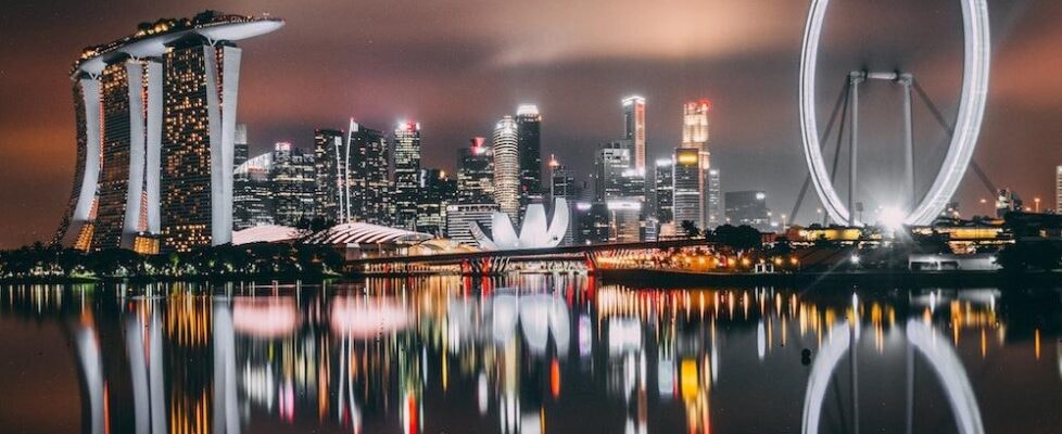 A bustling cityscape of Singapore, representing its status as Asia's fintech capital and a hub for crypto trading.