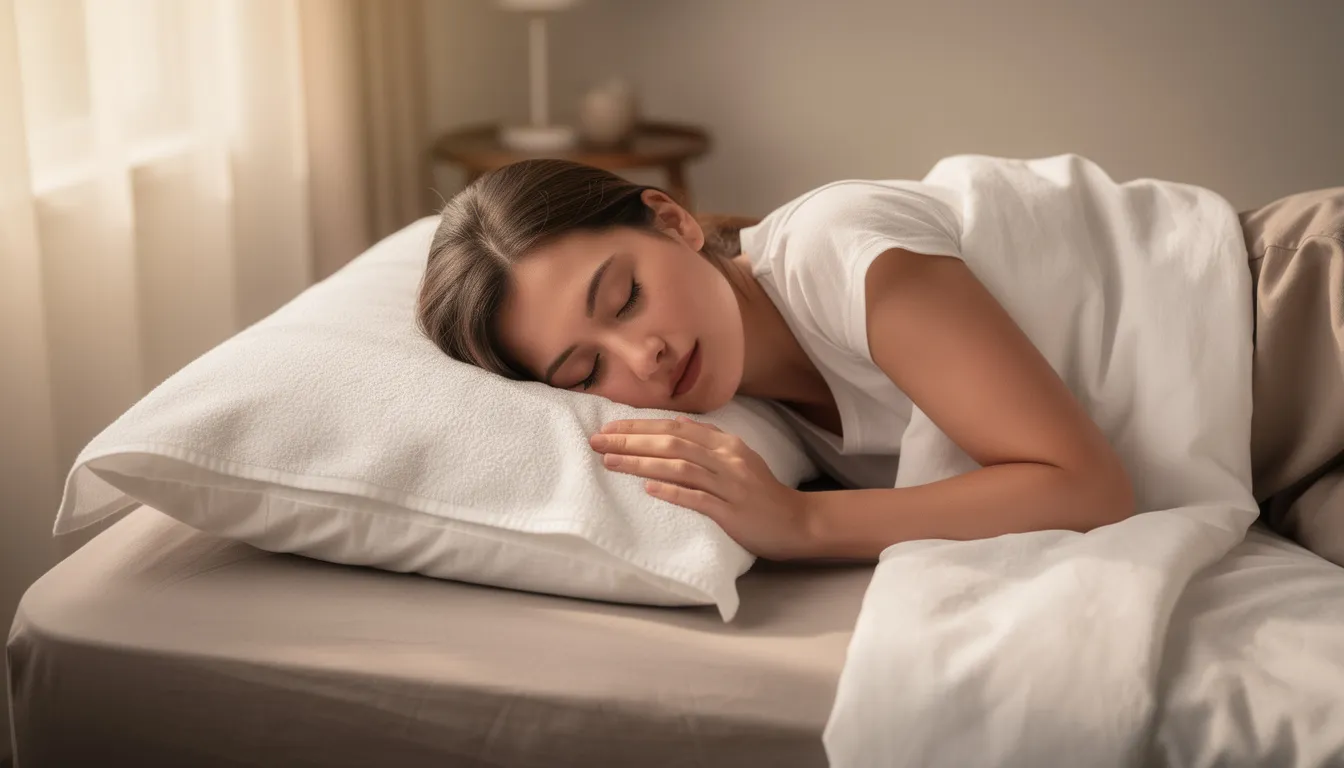 A person is sleeping comfortably on a bed with a clean towel placed over their pillow, serving as a protective layer to safeguard the bedding. This practice can be part of a skincare routine, particularly beneficial for those with sensitive or acne-prone skin, as it helps prevent moisture loss while sleeping.