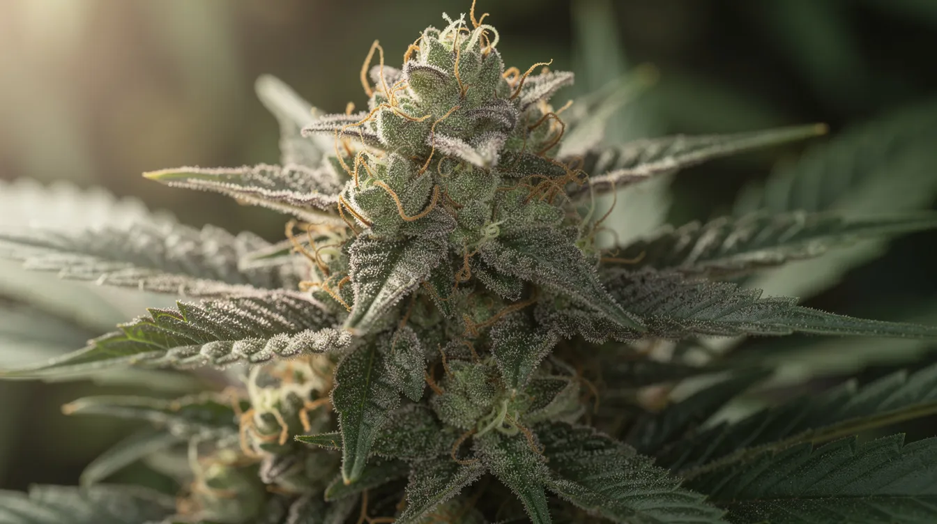A macro photograph captures a single dense cannabis flower, showcasing vibrant purple undertones and thin amber hairs against a backdrop of green leaves. This resin-heavy bud hints at delightful flavors like lemon cherry and sweet citrus, making it visually appealing and indicative of its soothing effects.