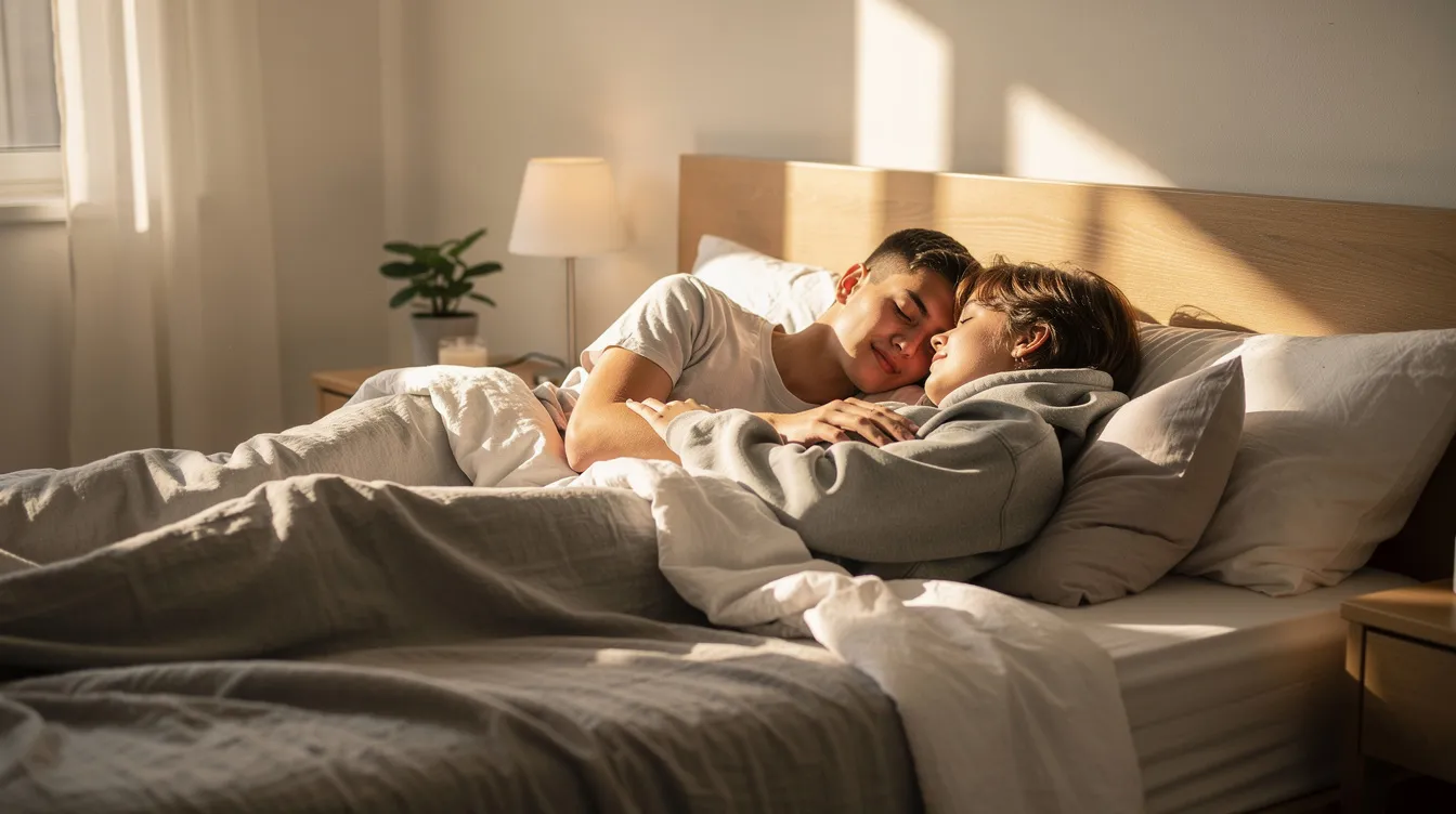 A young Gen Z couple is cuddling in bed, showcasing physical affection and emotional connection, wrapped in cozy blankets. Their intimate moment reflects the importance of honest communication and exploring each other's sexual desires and preferences in a relationship.