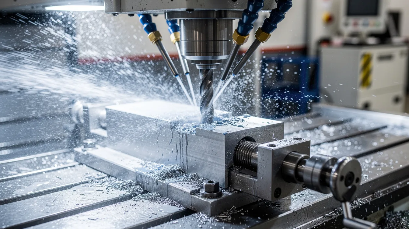 A CNC milling machine is actively cutting a steel workpiece, with a visible coolant spray being applied during a heavy roughing operation. The image highlights the precision and power of the machine as it shapes the hardened steel, which is essential in various hardness tests like the Brinell hardness test.