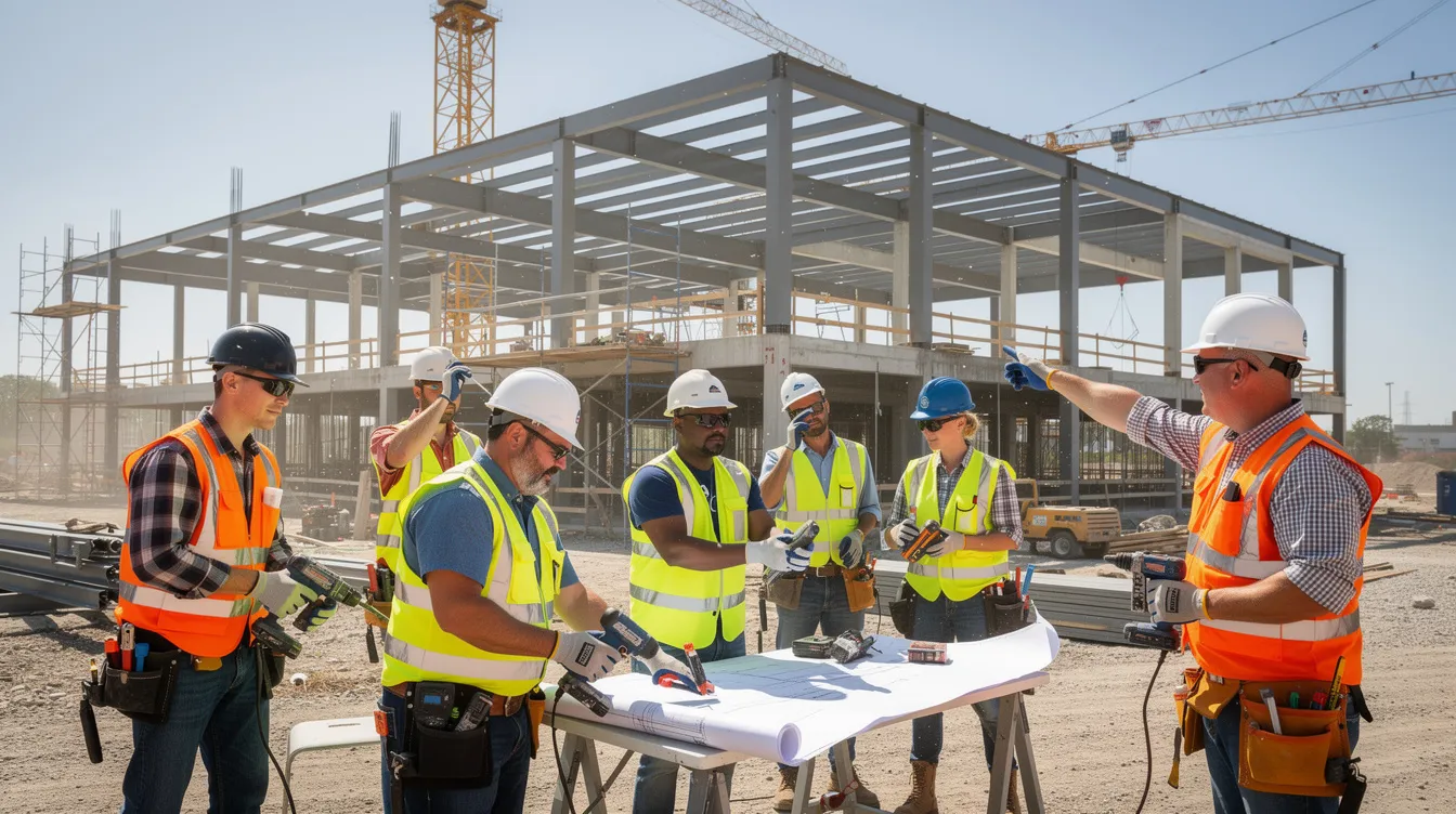 The image depicts a diverse group of skilled tradespeople in hard hats collaborating on a commercial building project, showcasing teamwork and expertise in construction. Their focused expressions and various tools highlight the importance of effective strategies in achieving high-quality results in their day-to-day work.