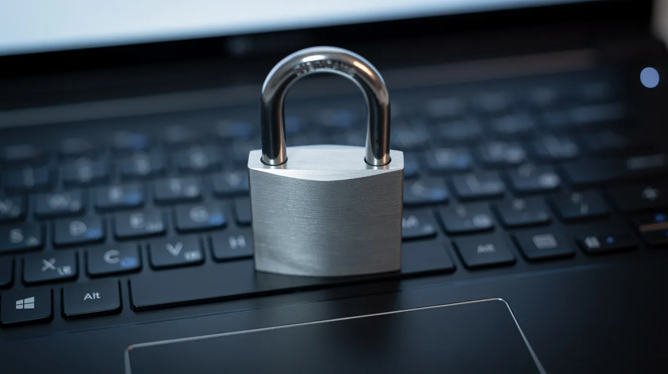 A close-up image features a padlock resting on a laptop keyboard, representing the importance of online security and data protection for banking transactions. This visual symbolizes the secure methods of sending money and receiving funds, particularly through services like Habib Metropolitan Bank's inter bank funds transfer.