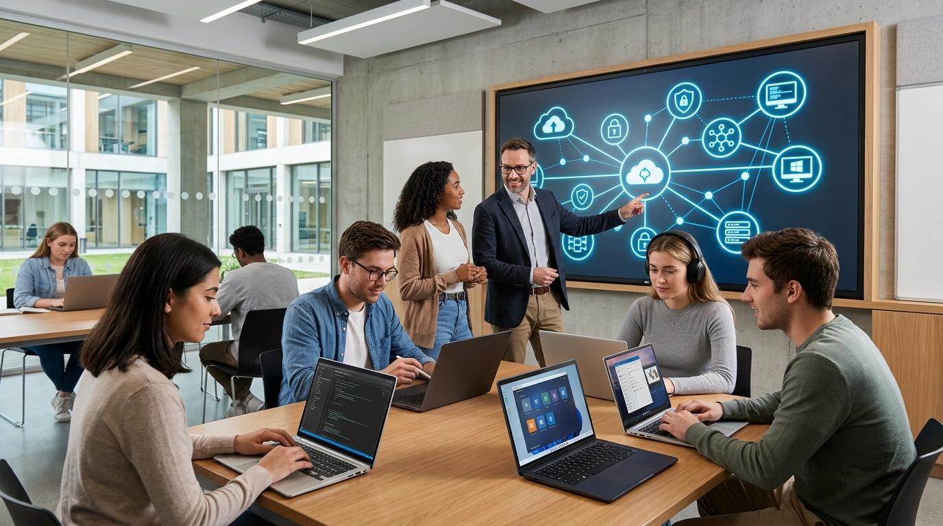 Modern educational technology concept featuring cloud integration, secure virtual desktops, interconnected academic systems, instructors, and students using laptops.