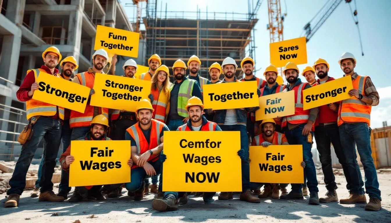A group of construction workers stands together at a job site, proudly holding union signs that advocate for fair wages and the rights of employees. This image represents the collective action and solidarity of workers in the building trades, emphasizing their commitment to improving working conditions and achieving higher wages through union representation.