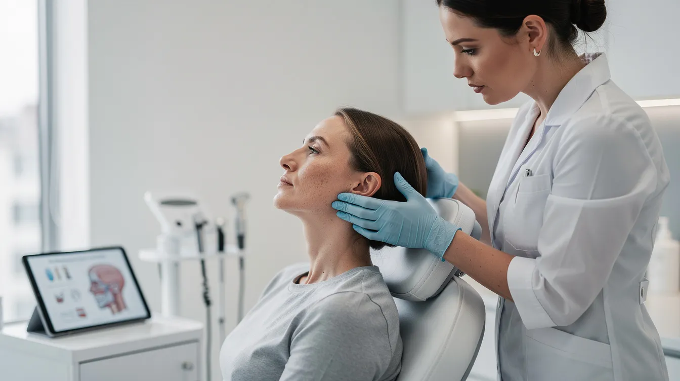 An aesthetic doctor is carefully assessing a patient's jawline and neck contours, focusing on skin texture and firmness before developing a personalized treatment plan for skin tightening. The consultation aims to address concerns related to sagging skin and enhance collagen production for improved skin quality.