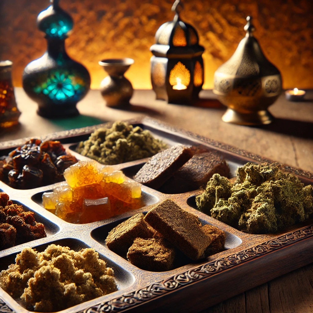 A premium selection of hash from around the world, including Afghani, Moroccan, and Lebanese varieties, displayed in an elegant setting on a wooden tray.