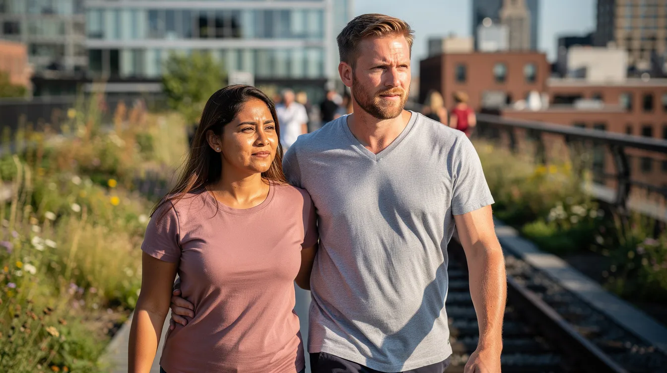 A candid documentary photograph captures a Latina woman and a white man in their mid-30s walking together along the High Line park in Manhattan, exuding a sense of calm and confidence. The lush greenery of the garden beds and modern Chelsea buildings provide a vibrant backdrop as they share a natural closeness, symbolizing the emotional health and supportive relationships often explored in cognitive behavioral therapy.
