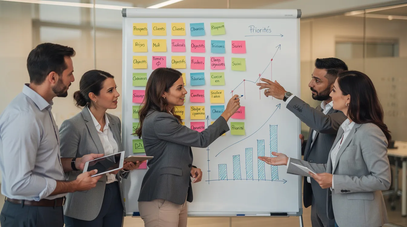 Une équipe commerciale dynamique collabore devant un tableau blanc, rempli de post-its colorés et de graphiques de progression, illustrant les techniques de vente et les objectifs à atteindre. Ils échangent des idées sur les méthodes pour conclure la vente et améliorer la relation avec les clients.