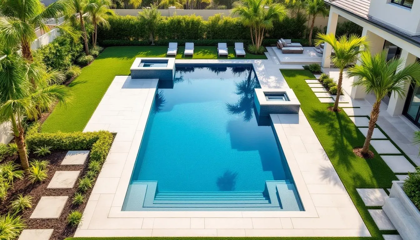 A beautifully landscaped luxury swimming pool installation showcases a completed project, featuring elegant water features and surrounding greenery that enhance the outdoor space. This image highlights the work of skilled pool builders, emphasizing the quality and design that can attract potential customers in the pool industry.