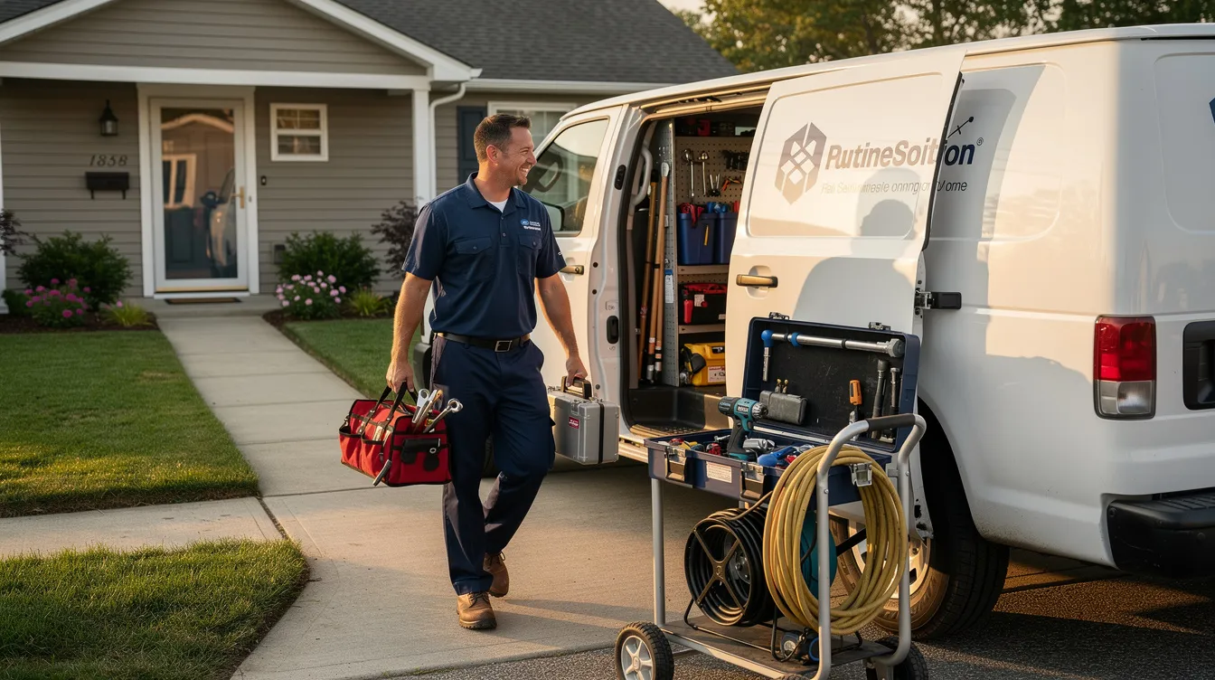 A residential plumber is arriving at a home, equipped with professional tools and equipment for plumbing services. This reliable plumber is ready to address any issues, ensuring excellent service for homeowners in the community.