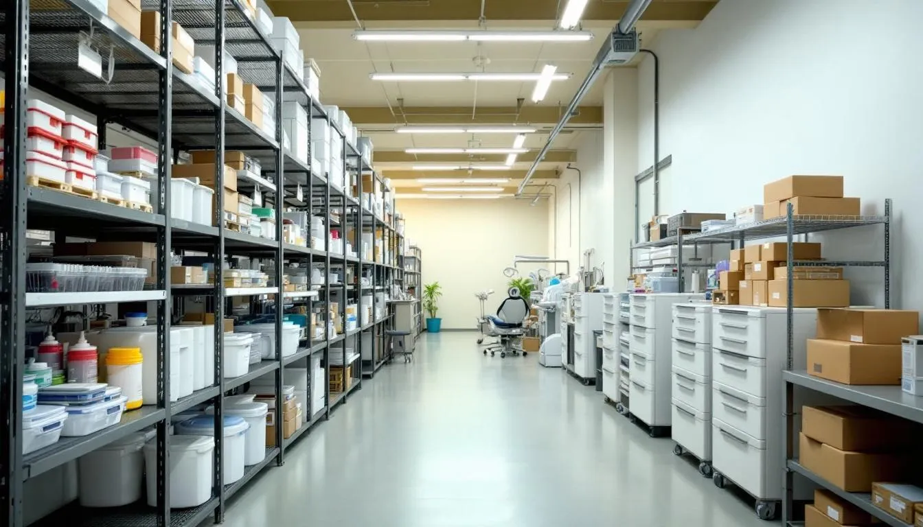 The image depicts a modern dental supply warehouse featuring organized shelving filled with a comprehensive range of dental equipment and everyday essentials, including examination gloves and surgical tools. The setting emphasizes quality and efficient access to supplies for the dental industry, with a visible united kingdom sign indicating its location.