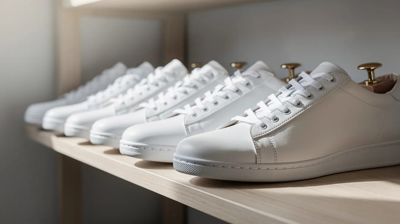 The image shows a pair of white sneakers neatly stored on a shelf, with shoe trees inserted to maintain their shape. This setup is ideal for keeping your white sneakers looking fresh and clean, while also preventing cracking and deep stains.