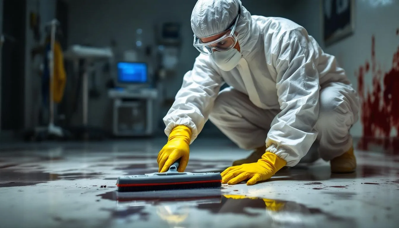 A professional crime scene cleaner is seen in full personal protective equipment, meticulously working at a contaminated site, which may include human blood and other potentially infectious materials. This image highlights the importance of specialized training and safety procedures in crime scene cleanup to protect public health.