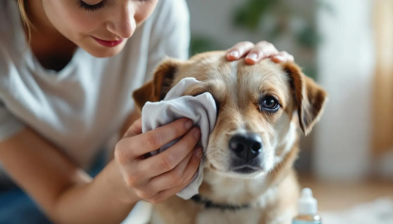 In the image, a dog owner is gently cleaning their pet