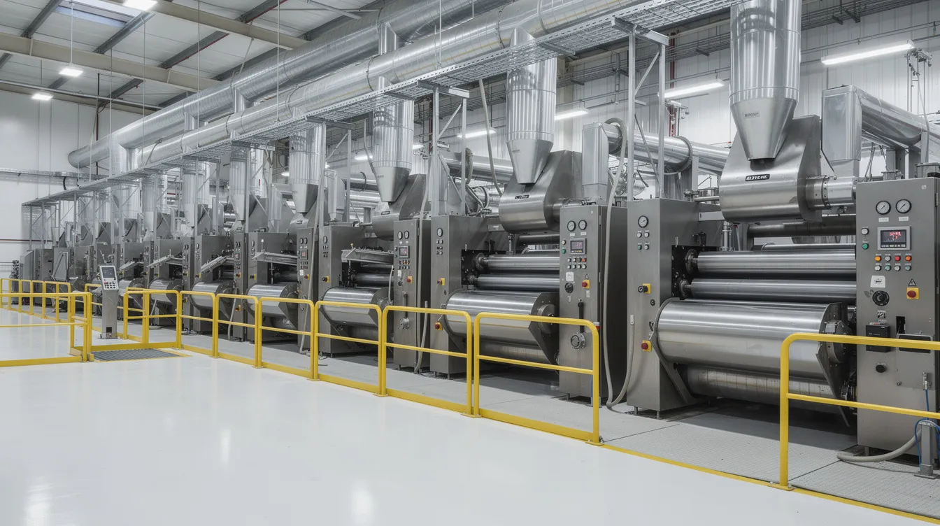 The image depicts industrial grain milling equipment inside a food processing factory, showcasing machines designed for the production of gram flour, or besan, from chana dal. The setup includes various food processing machines essential for grinding, cleaning, and packaging, highlighting the efficiency and scale of a besan mill plant in the food processing industry.
