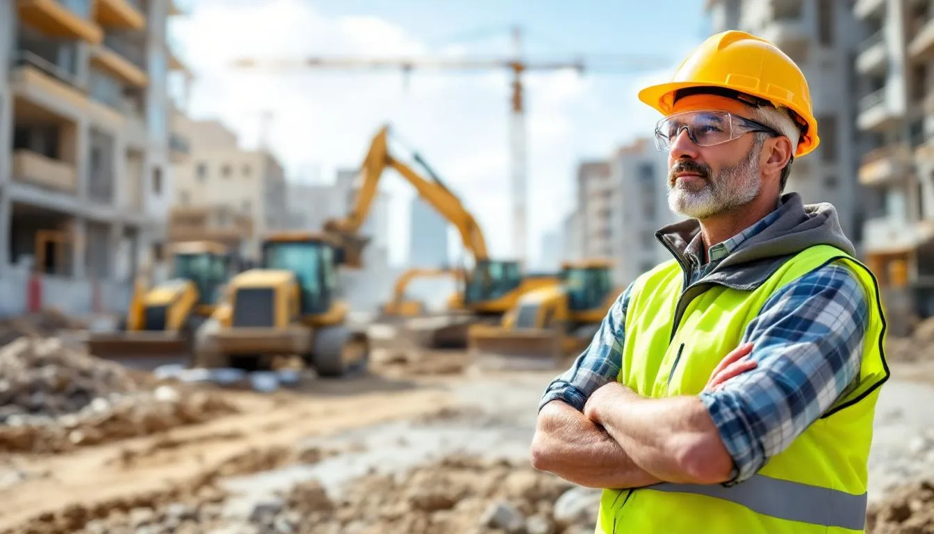 A construction contractor stands confidently at a busy construction site, with heavy equipment operating in the background demonstrating the value of a heavy equipment loan