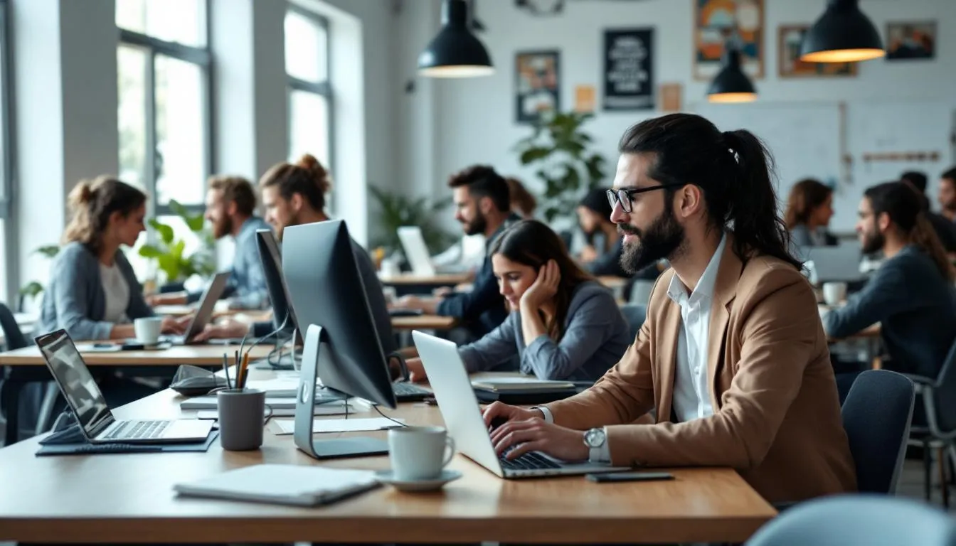 The image showcases a team of digital marketing experts collaborating in a modern office environment, focusing on various digital marketing channels such as social media, SEO, and content marketing. This leading digital marketing agency emphasizes bespoke digital marketing strategies to enhance online visibility and drive business growth for ambitious brands.