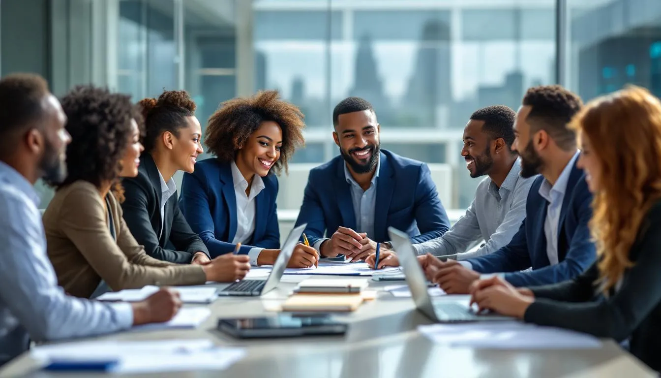 A diverse team of professionals is collaborating around a conference table, discussing strategies for effective leadership development initiatives. The atmosphere reflects a positive work environment, emphasizing teamwork and employee engagement to enhance organizational success.