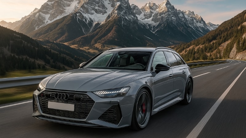Audi RS model wrapped in Nardo Grey cruising through mountains