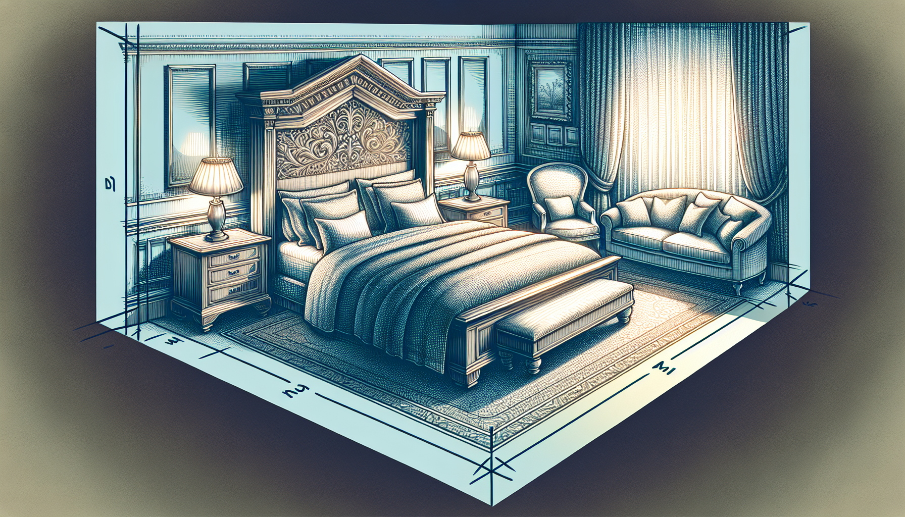 Illustration of bedroom layout with headboard