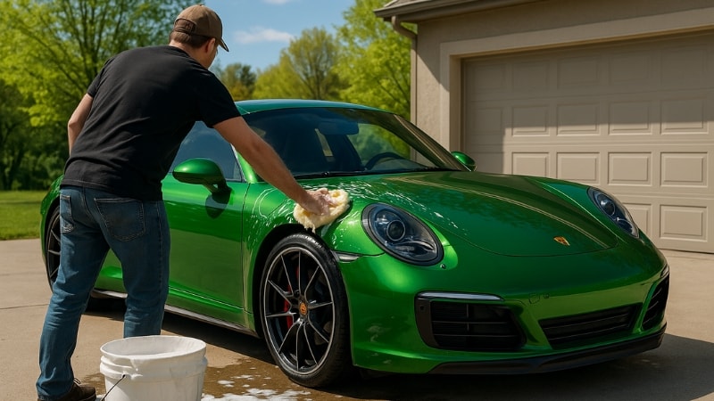 Car wrapped in glossy vinyl wrap is being washed with shine protecting detergent
