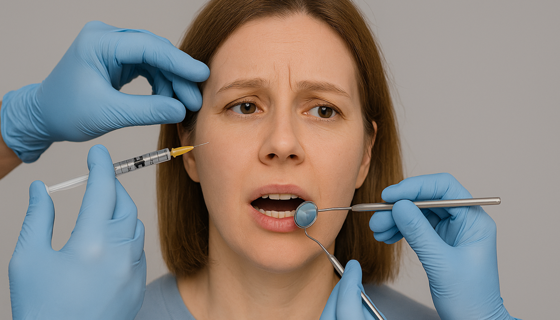 Kvinne får samtidig botoxinjeksjon og tannlegebehandling, som symboliserer bruk av botox både kosmetisk og i tannhelse.