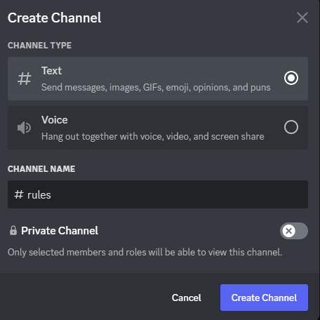 Image showing the create channel page on Discord