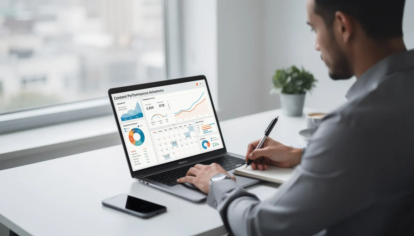 Eine Person sitzt an einem modernen Schreibtisch und arbeitet mit einem Laptop, um eine Content-Strategie zu analysieren. Dabei nutzt sie verschiedene SEO-Tools, um Inhalte zu optimieren und die Sichtbarkeit in Suchmaschinen wie Google zu verbessern.