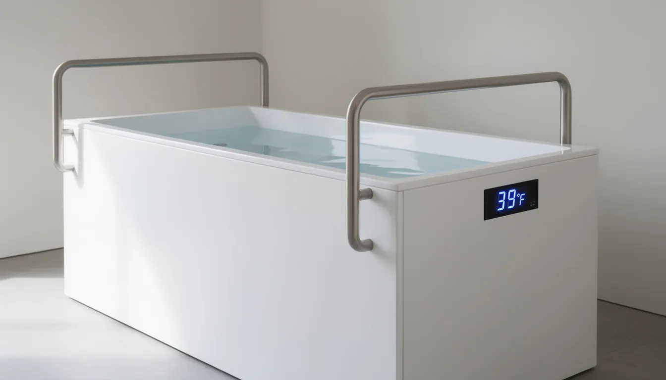 The image features a modern cold plunge tub designed for cold water immersion, complete with visible handrails for safety and a digital temperature display. This cold therapy product offers potential health benefits such as improved blood flow and muscle recovery, making it ideal for individuals seeking to enhance their well-being through cold exposure techniques.
