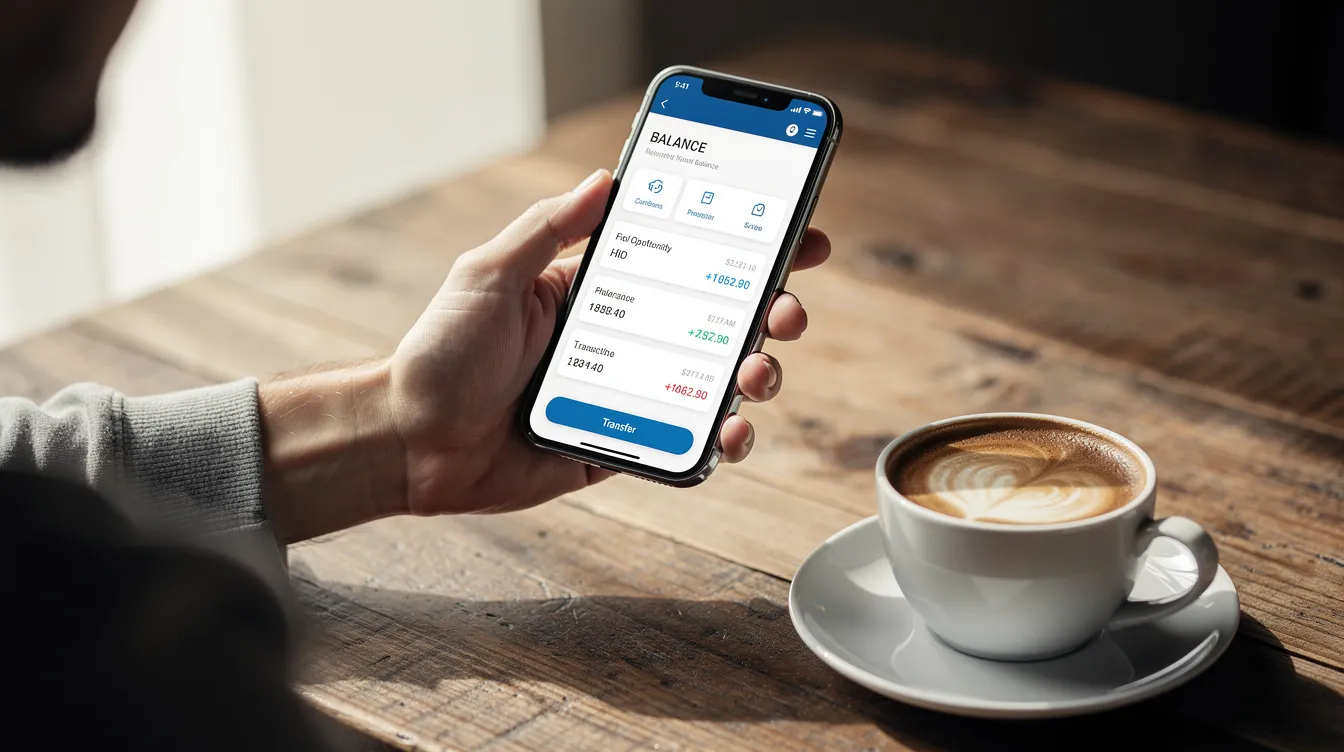 A person is holding a smartphone displaying a mobile banking app interface, while a cup of coffee rests on a wooden desk. This scene illustrates the convenience of digital banking technologies, allowing users to manage their bank accounts and access banking services effortlessly.