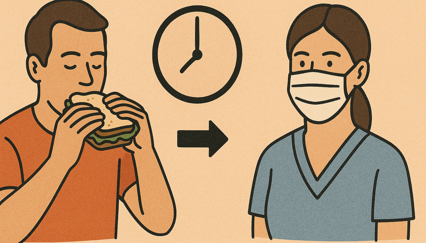 Mann spiser sandwich etter tannlegetime, med klokke og tannlege i bakgrunnen som symbol på ventetid og råd.