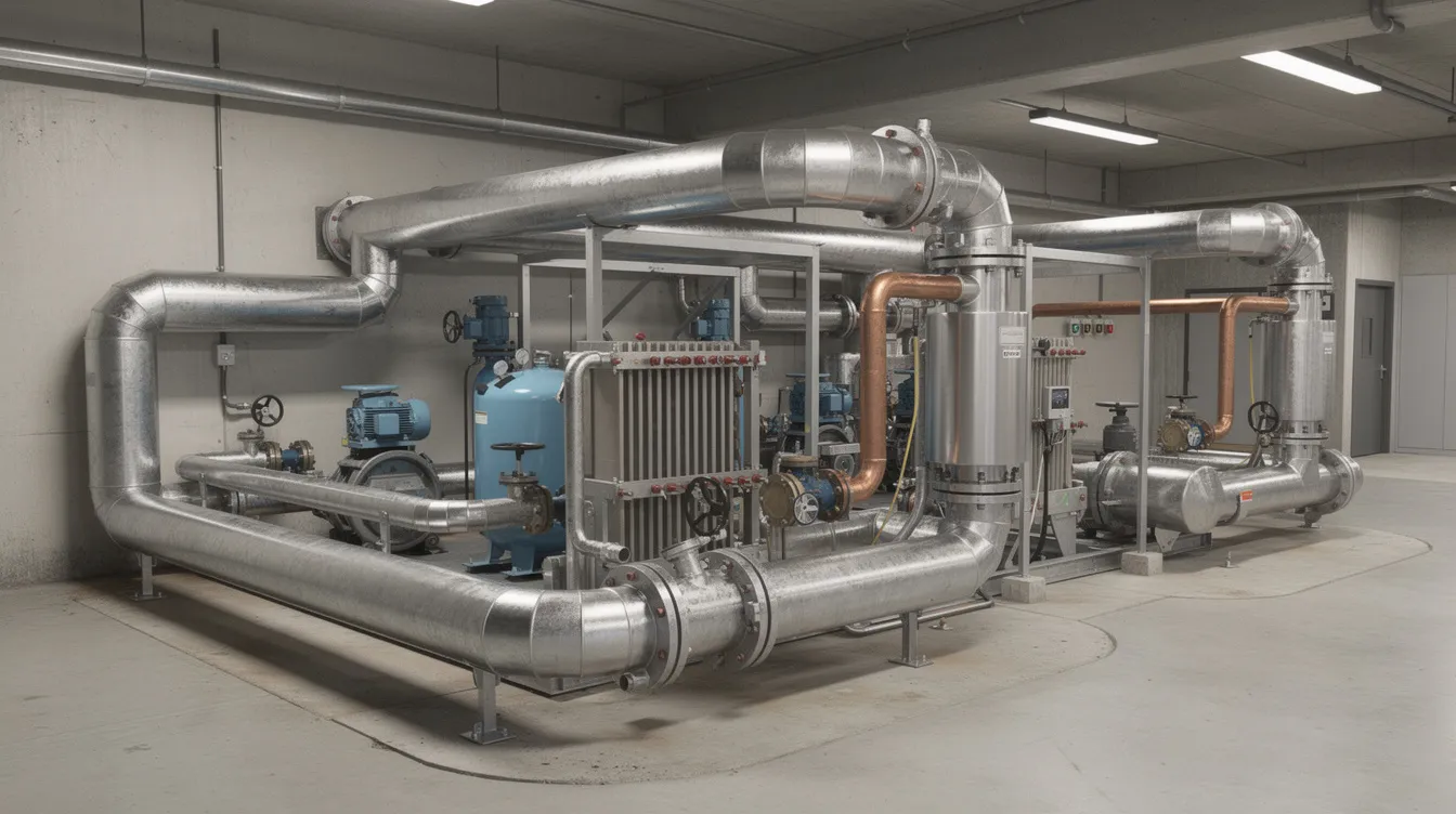 The image depicts a realistic closed loop water system piping setup, showcasing various components such as heat exchangers and cooling towers in a commercial facility. This intricate arrangement highlights the importance of proper water treatment and system efficiency in maintaining water quality and reducing maintenance costs.