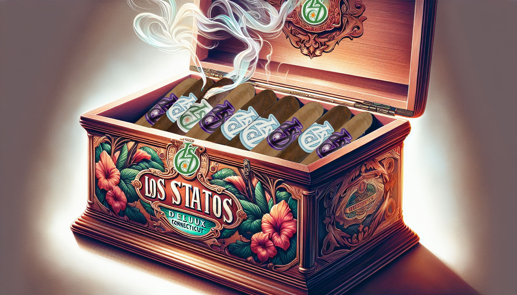 An illustration of Los Statos Deluxe Connecticut Cigars displayed in a beautiful humidor.