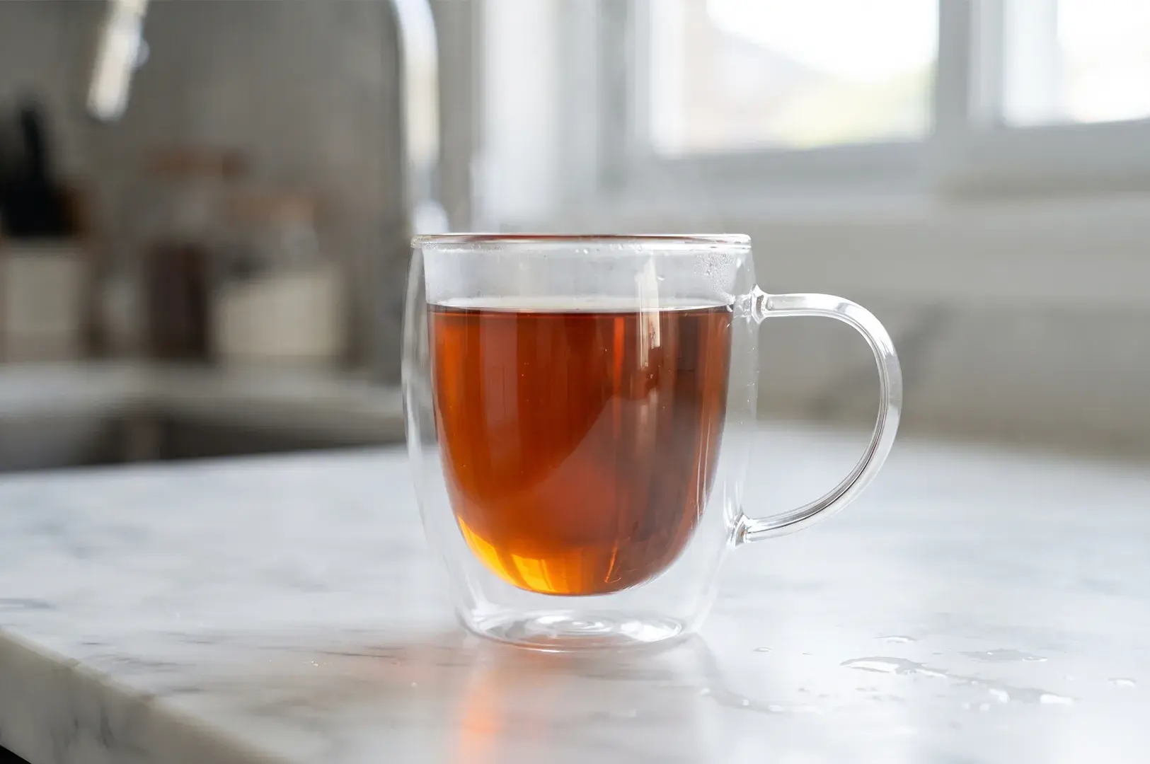 Double-walled glass mug filled with hot tea on a marble countertop.