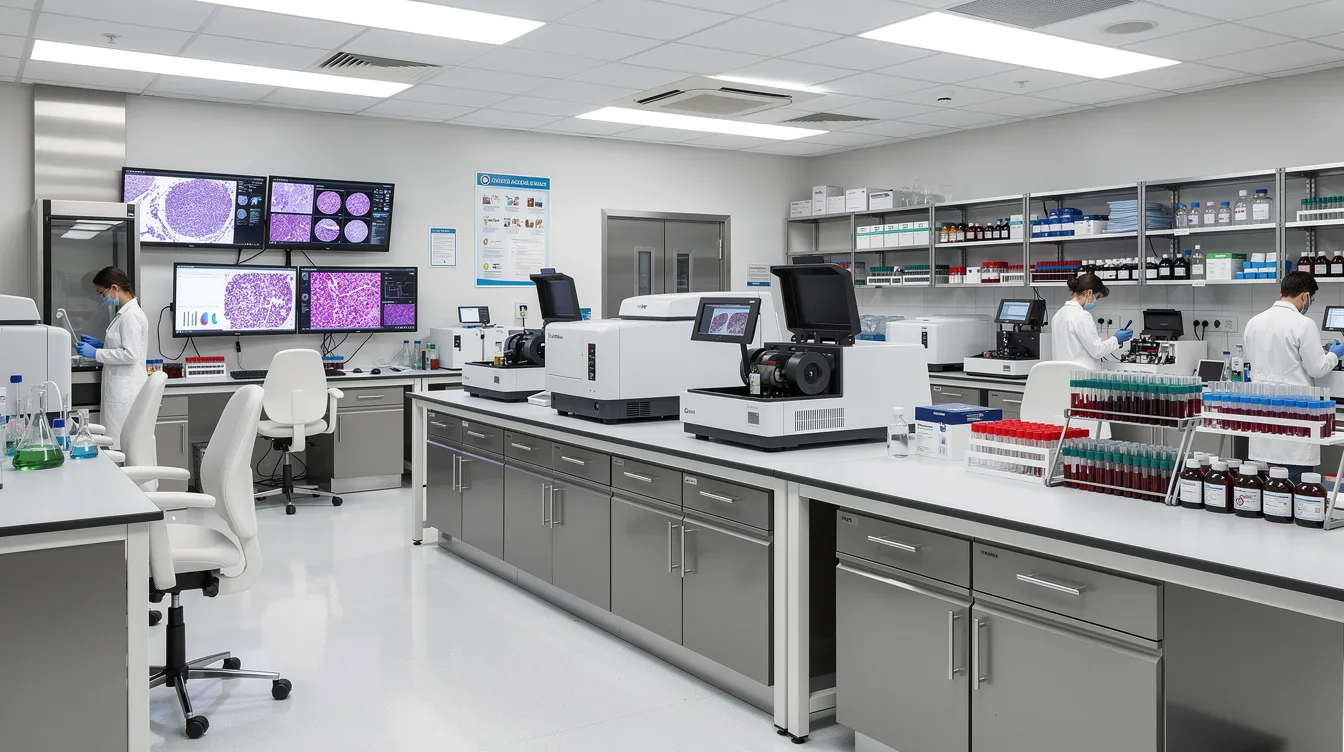 cccf8da6 196b 48c0 afbb 1929fd8b4ff2 The image depicts the interior of a modern pathology lab, featuring various medical equipment such as analyzers, a PCR machine, and workstations where qualified pathologists and medical professionals prepare and examine biological samples. The lab is designed with cutting-edge technology to facilitate diagnostic processes and ensure compliance with safety and security standards.