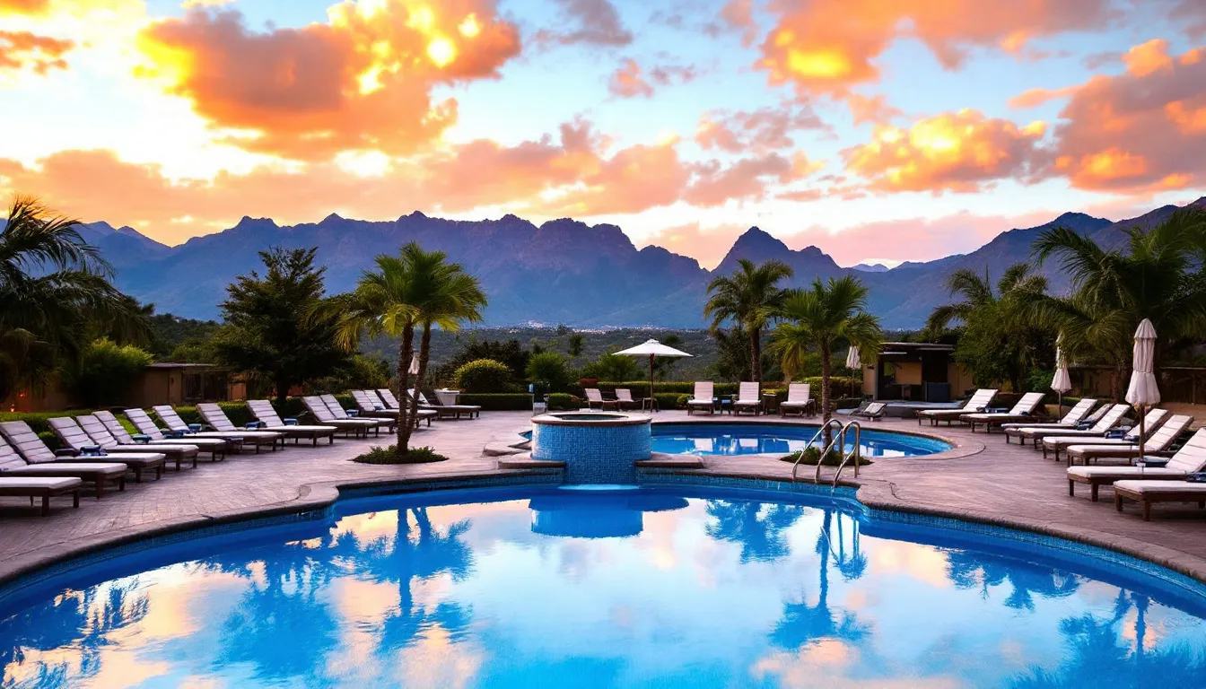 The image depicts a hotel pool area featuring comfortable lounge chairs, with breathtaking panoramic views of the mountains during golden hour, creating a serene atmosphere perfect for guests to relax and enjoy the beauty of southern Utah. This charming resort offers an ideal place for a summer trip, combining relaxation with stunning natural scenery.