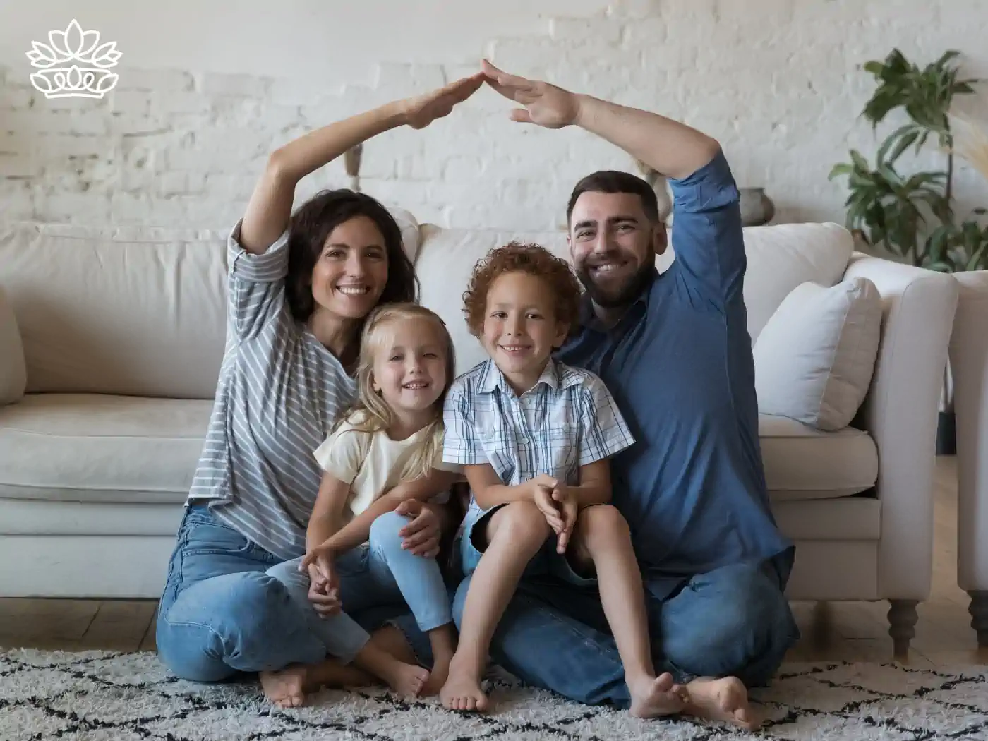 A happy family forming a house shape with their arms, representing love and wellbeing at home. Fabulous Flowers and Gifts - Health and Wellbeing Collection.