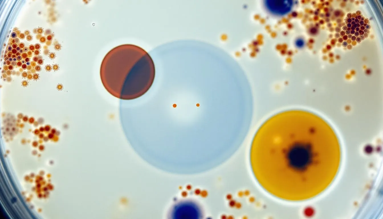 A microscopic view reveals a petri dish containing various bacterial colonies, showcasing distinct zones of antibiotic sensitivity, which are crucial for understanding bacterial skin infections like pyoderma in dogs. The image highlights the importance of antimicrobial susceptibility testing in veterinary medicine to effectively treat skin diseases caused by resistant bacteria.