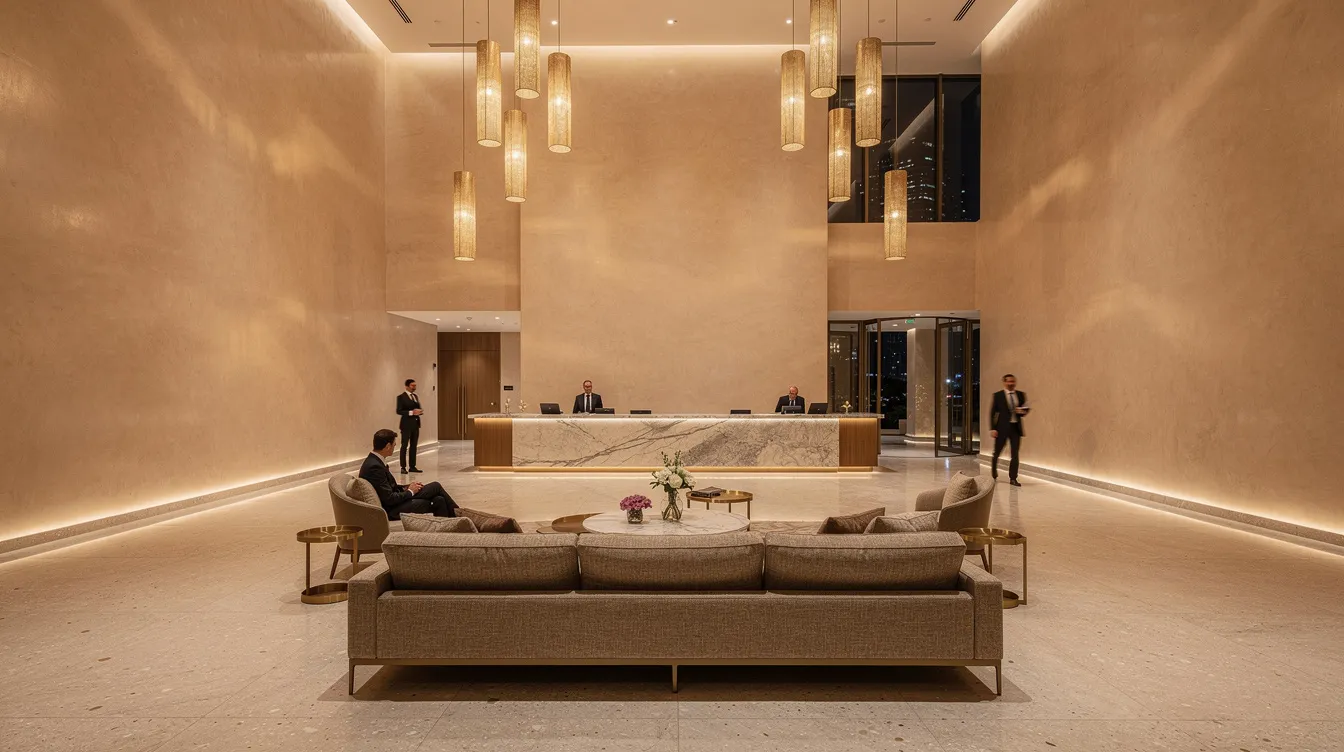 The image depicts a luxurious hotel lobby featuring warm-toned polished plaster walls that reflect soft ambient lighting from elegant pendant fixtures, creating a welcoming atmosphere. The use of venetian plaster techniques adds depth and a smooth, marble-like finish to the surfaces, enhancing the timeless beauty of the space.