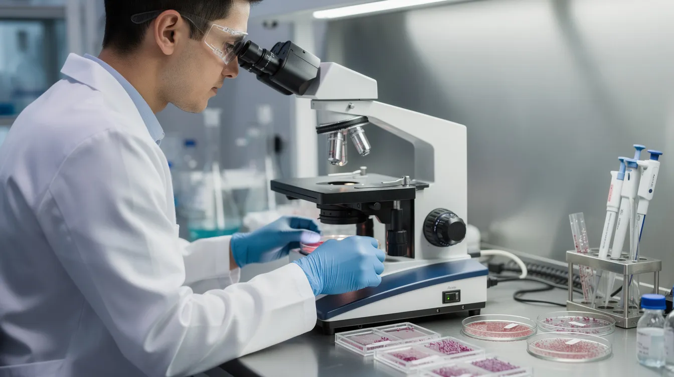 The image depicts a laboratory researcher intently examining cell samples under a microscope, focusing on aspects related to immune function and tumor growth. This scene highlights the critical role of longevity research in understanding biological age and developing anti-aging therapies, such as those being studied in clinical trials involving rapamycin.
