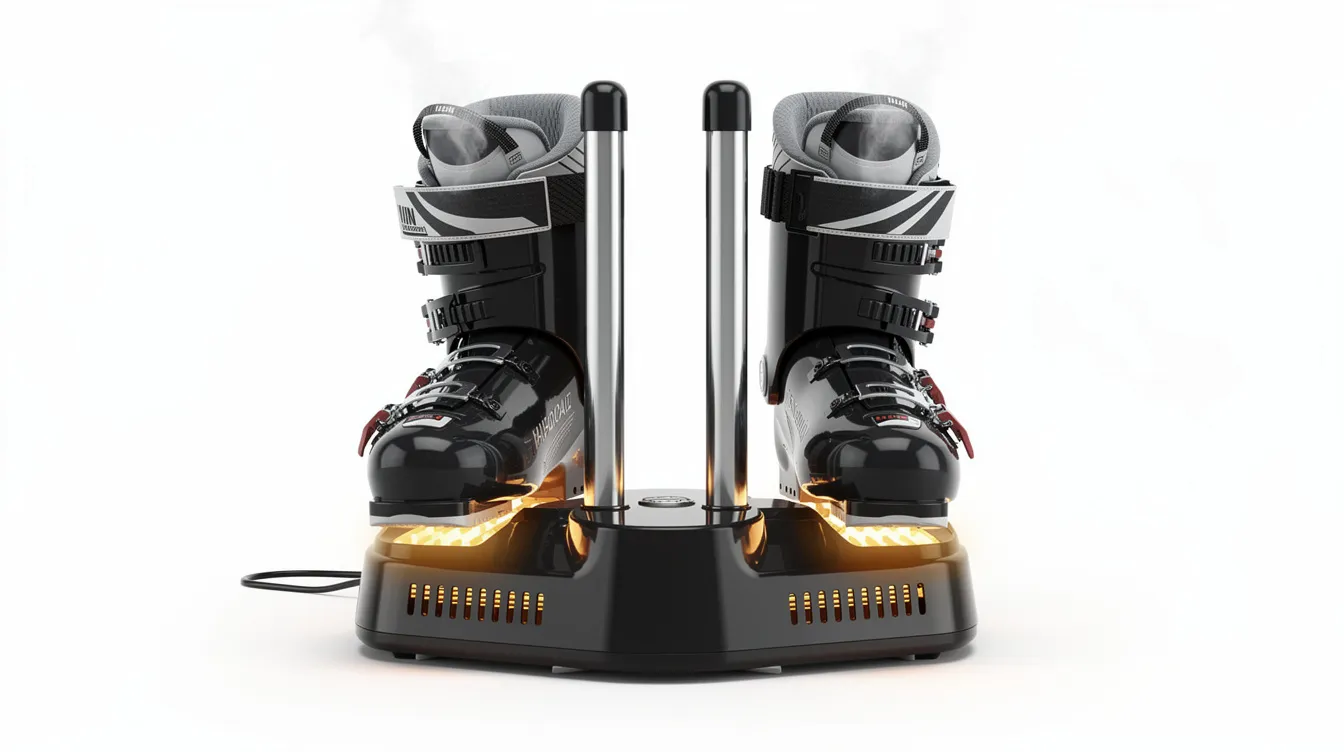 Ein elektrischer Skischuhtrockner mit zwei Skischuhen, die auf den Heizflächen platziert sind. Dieses Zubehör für die Skiausrüstung sorgt dafür, dass die Skischuhe nach einem Tag auf der Piste schnell wieder trocken und bereit für den nächsten Einsatz sind.