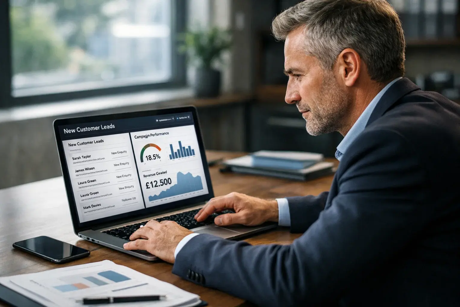 Business owner reviewing new leads generated from PPC campaigns on a laptop dashboard