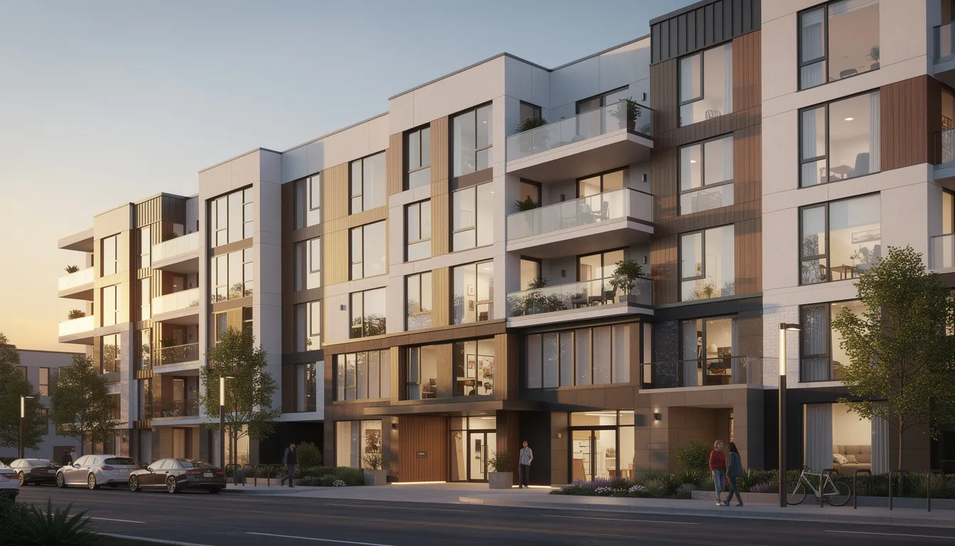 The image depicts a modern multifamily apartment building featuring multiple rental units, showcasing a sleek architectural design. This type of property is a key focus for real estate investing, offering potential cash flow and investment opportunities for both new and experienced investors.