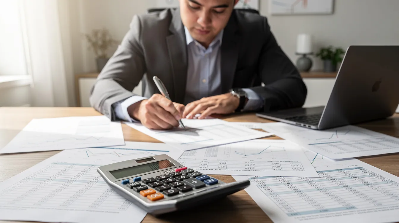 A person is seated at a desk, carefully reviewing financial documents alongside a calculator, likely assessing their down payment options for an investment property. The scene conveys a focus on understanding the financial aspects of real estate, including loan requirements and potential rental income.