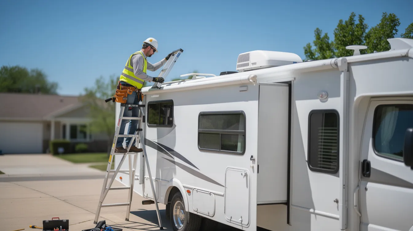 A mobile technician is inspecting the roof of an RV while standing on a ladder in a sunny driveway, ensuring routine maintenance and checking for any potential leaks. This professional service is essential for RV owners to keep their vehicles in top condition and ready for travel.